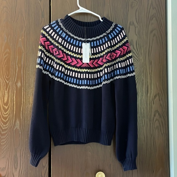 Rebecca Minkoff Raja navy pullover with multi-colored design. Size Large. NWT - Picture 1 of 11
